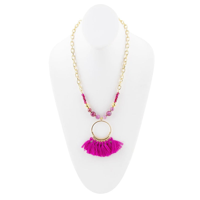 Magenta Dreams Agate Tassel Golden Necklace - Barse Jewelry