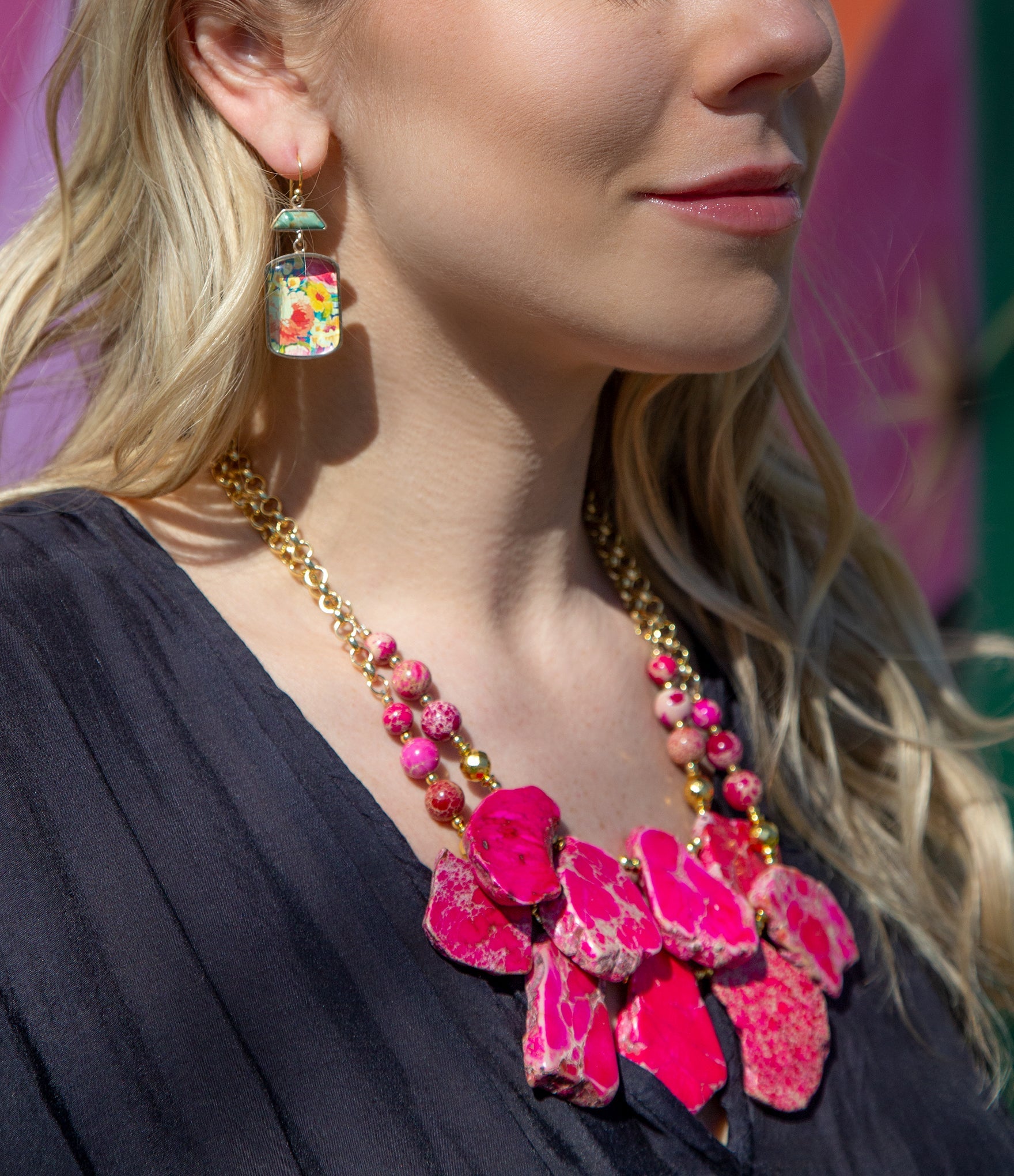 Magenta Dreams Jasper and Goldtone Statement Necklace - Barse Jewelry