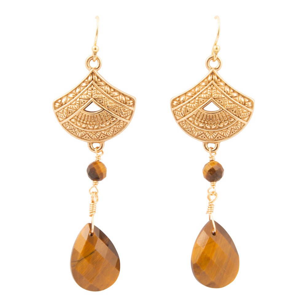 Maya Brown Tiger's Eye Golden Drop Earrings - Barse Jewelry