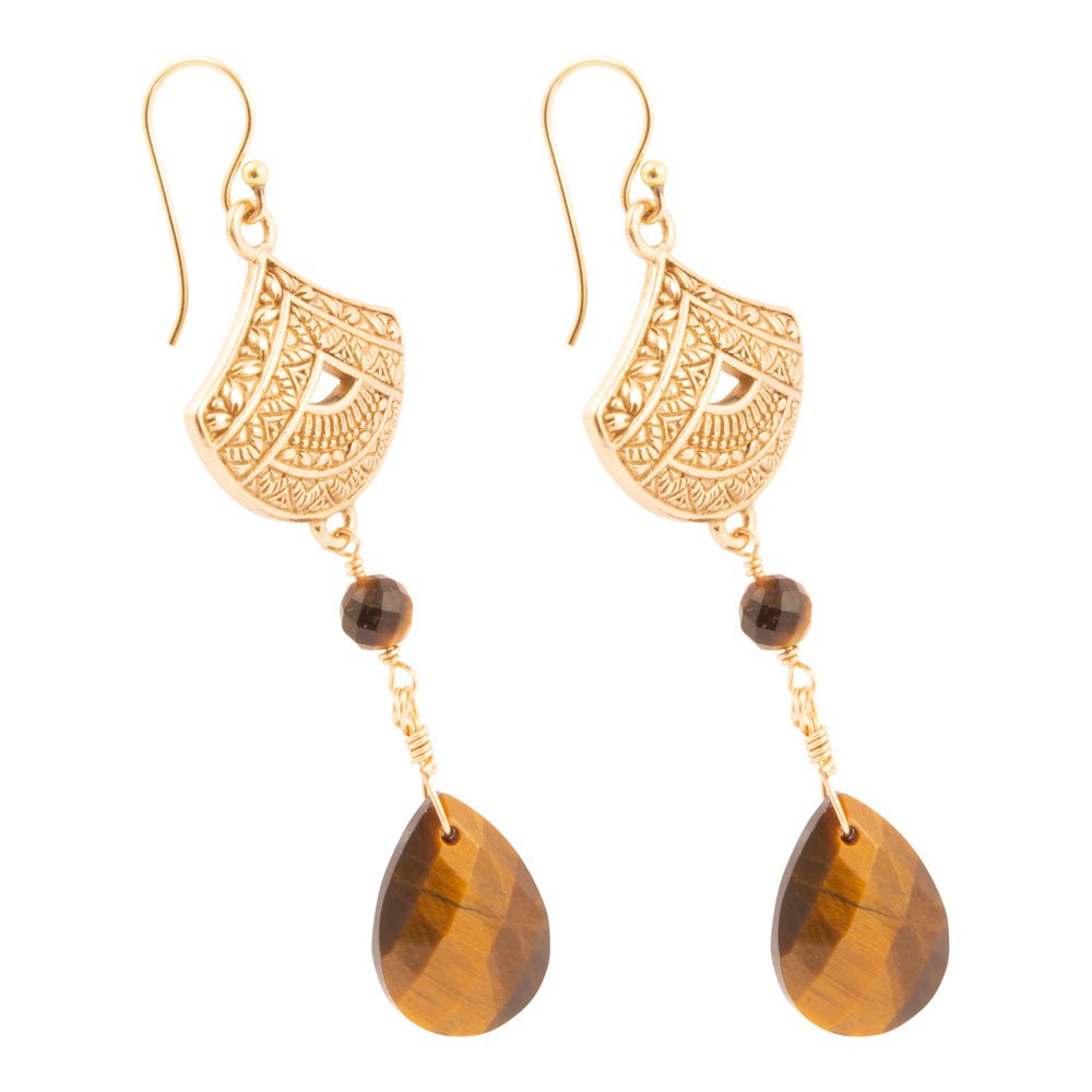 Maya Brown Tiger's Eye Golden Drop Earrings - Barse Jewelry