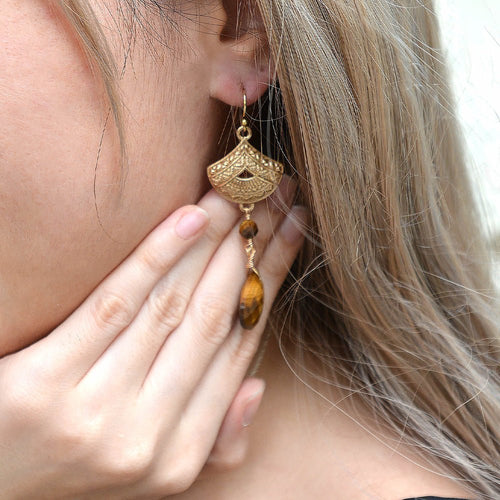 Maya Brown Tiger's Eye Golden Drop Earrings - Barse Jewelry