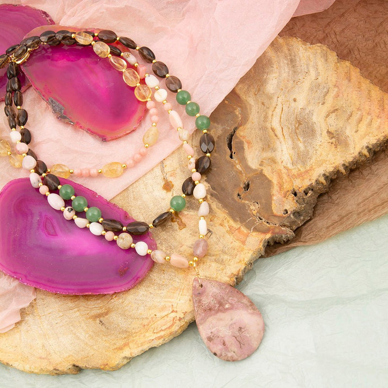 Meadow Multistone Pink Rhodonite Golden Statement Necklace - Barse Jewelry