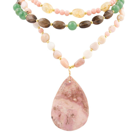 Meadow Multistone Pink Rhodonite Golden Statement Necklace