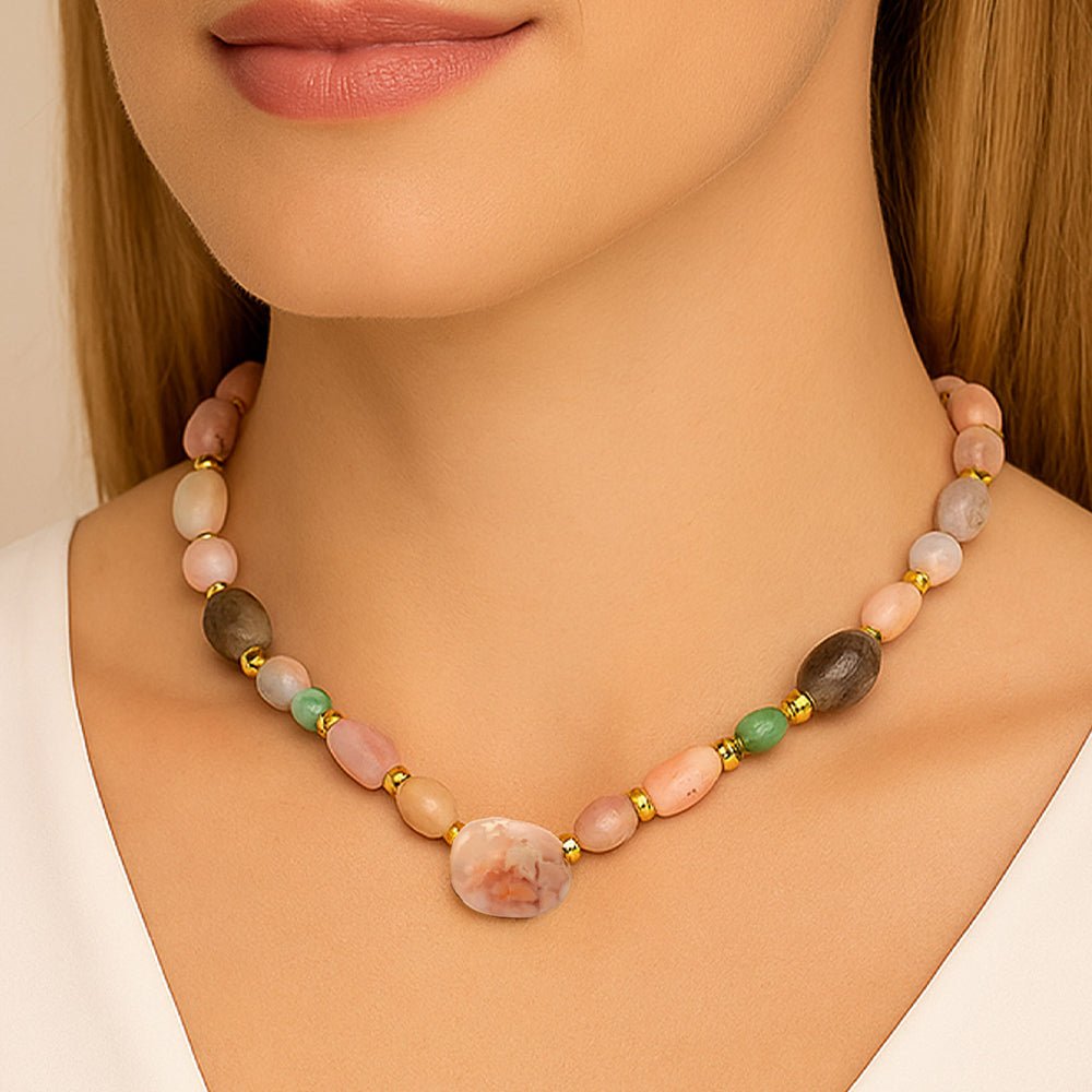 Meadow Pink Opal Chunky Golden Necklace - Barse Jewelry