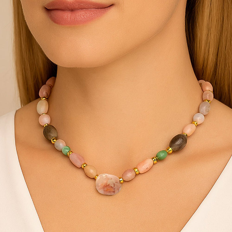 Meadow Pink Opal Chunky Golden Necklace - Barse Jewelry