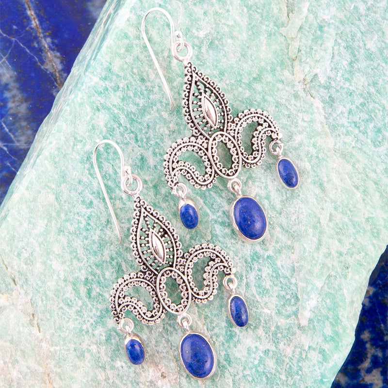 Mehendi Blue Lapis and Sterling Silver Chandelier Earrings - Barse Jewelry