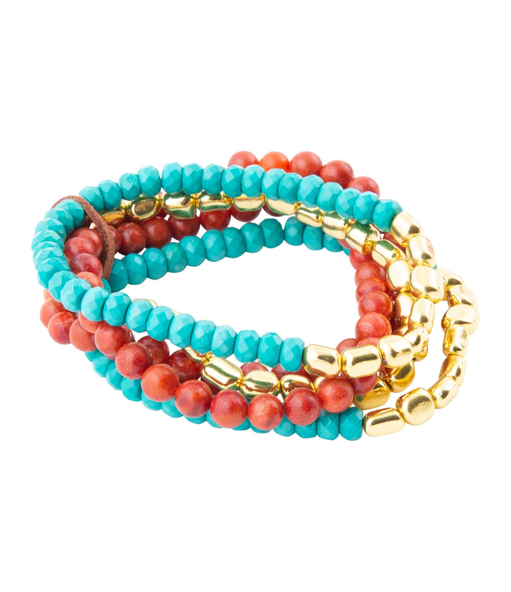Mesa Blue Magnesite and Red Coral Golden Bracelet Set - Barse Jewelry