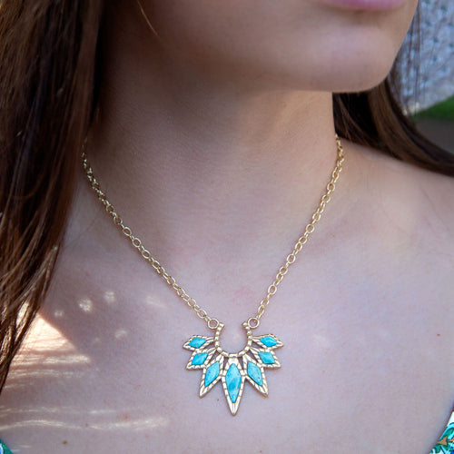 Mesa Blue Turquoise Starburst Golden Pendant Necklace - Barse Jewelry