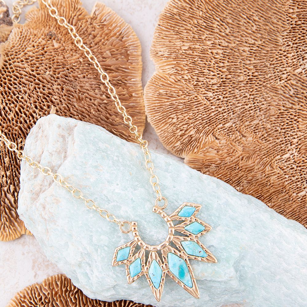 Mesa Blue Turquoise Starburst Golden Pendant Necklace - Barse Jewelry