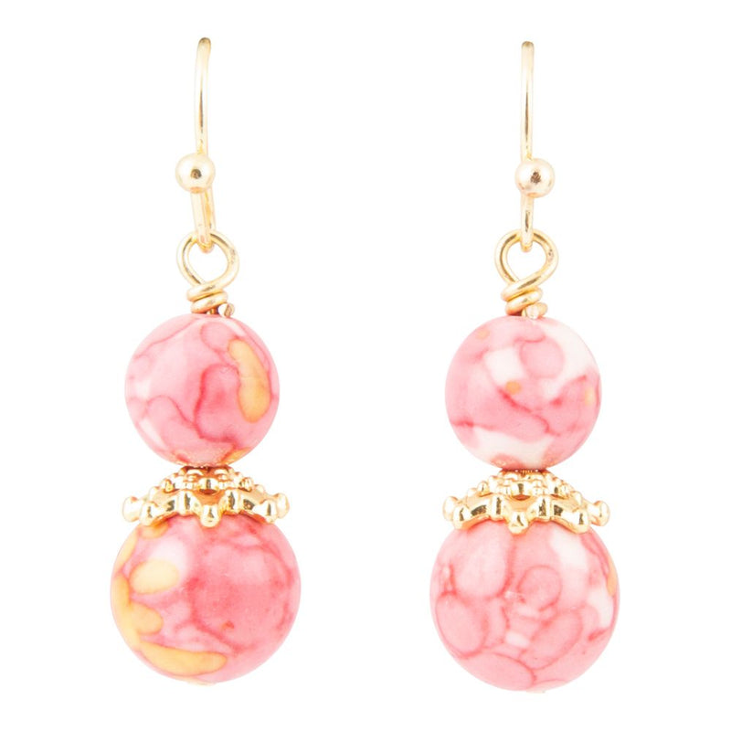 Mottled Pink Jade Golden Drop Earrings - Barse Jewelry