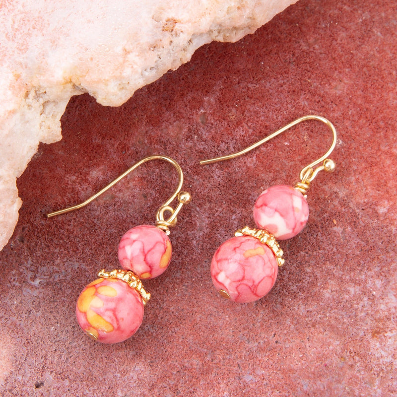 Mottled Pink Jade Golden Drop Earrings - Barse Jewelry