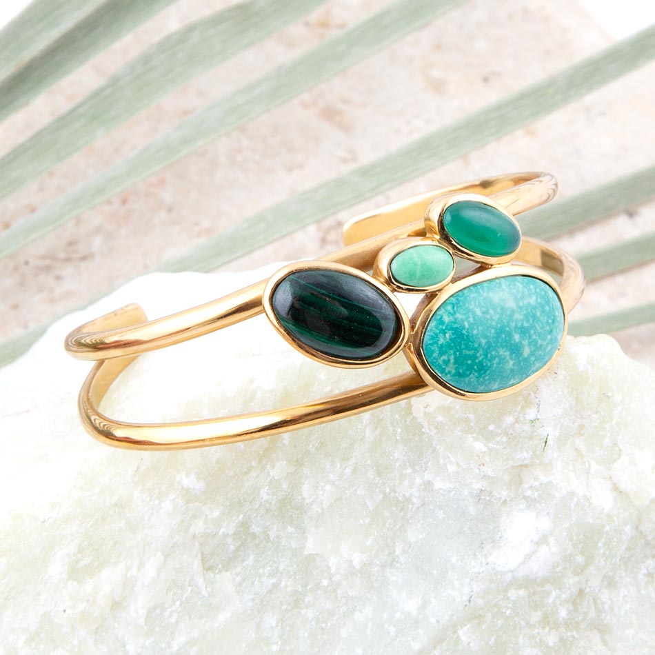 Multi Green Stones Golden Cuff Bracelets - Barse Jewelry