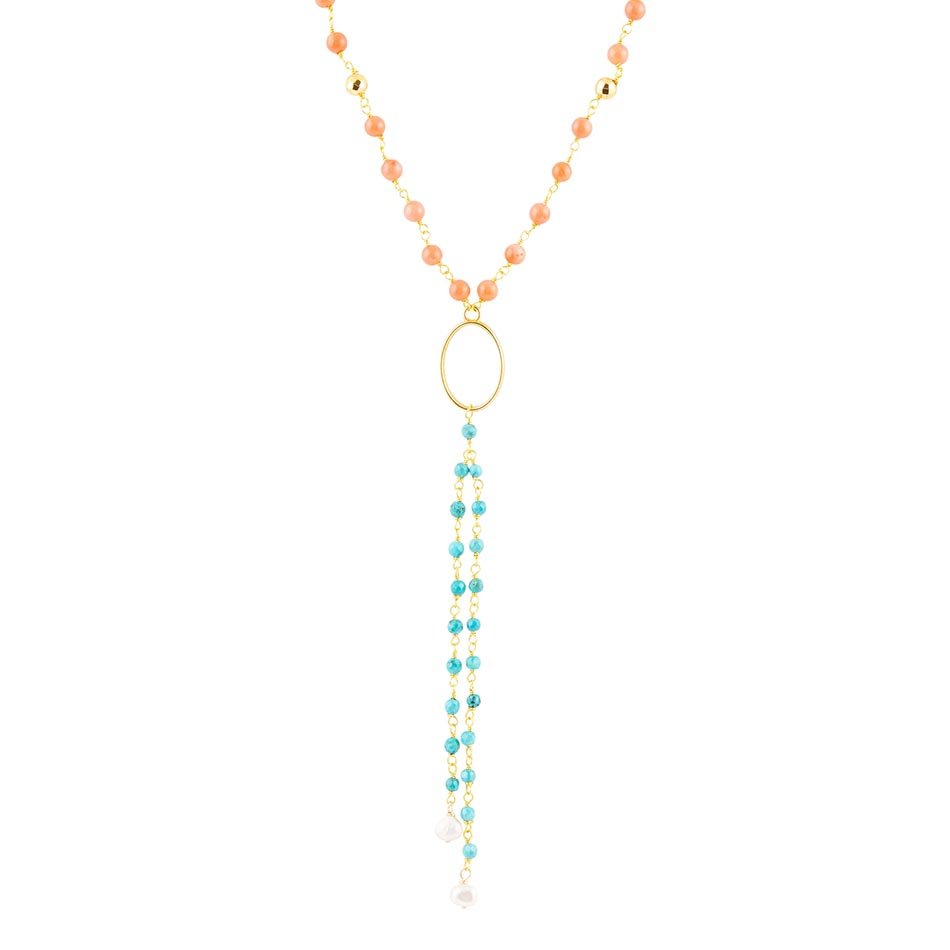 Multi Stone Orange Coral Golden Y - Neck - Barse Jewelry