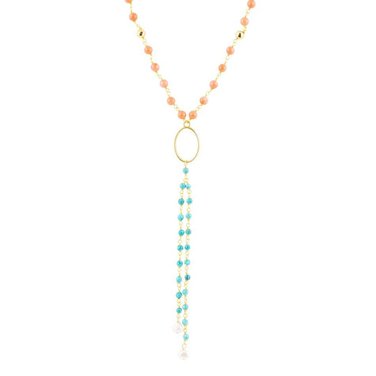 Multi Stone Orange Coral Golden Y-Neck