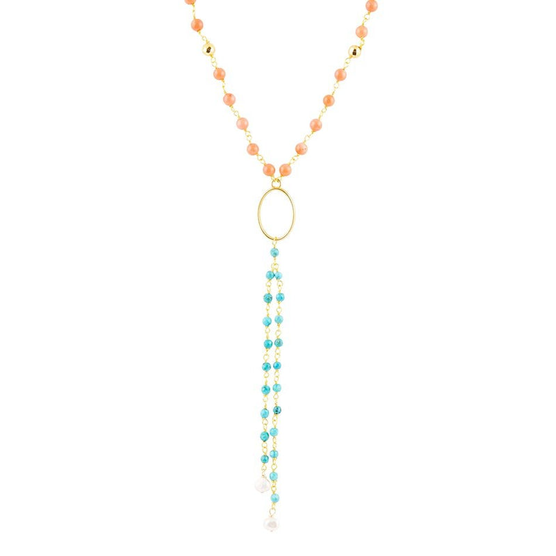 Multi Stone Orange Coral Golden Y - Neck - Barse Jewelry