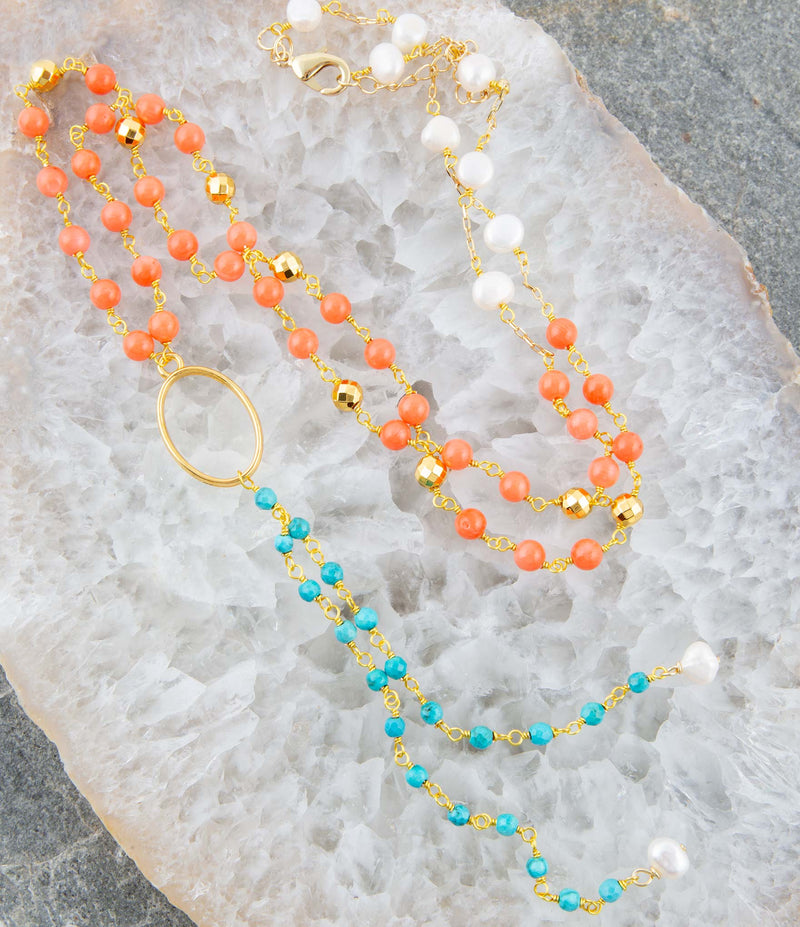 Multi Stone Orange Coral Golden Y - Neck - Barse Jewelry