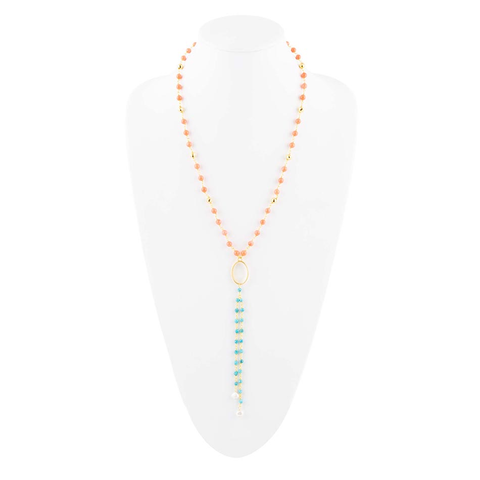 Multi Stone Orange Coral Golden Y - Neck - Barse Jewelry