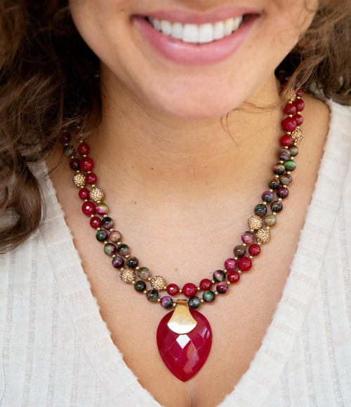 Multicolor Tiger's Eye and Rasberry Quartz Pendant Golden Necklace - Barse Jewelry