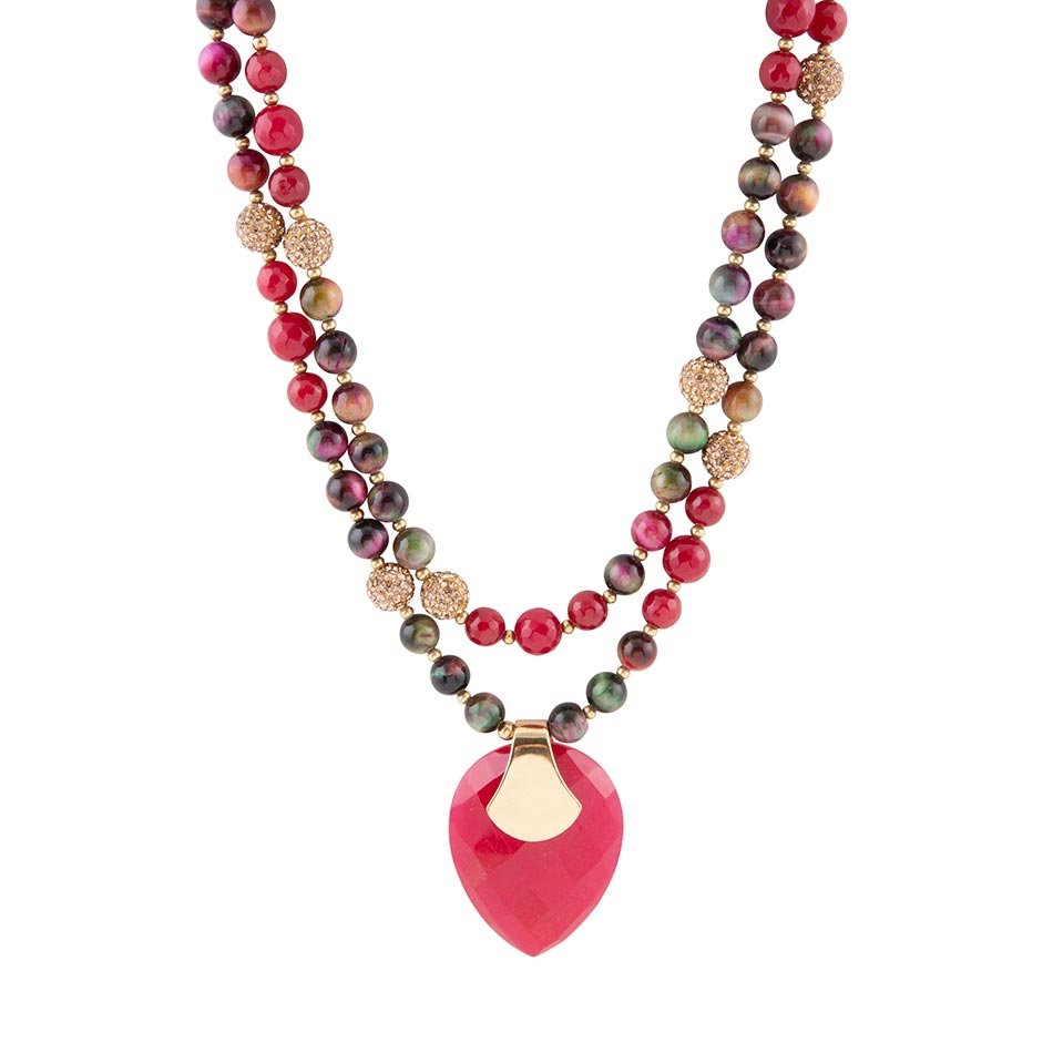 Multicolor Tiger's Eye and Rasberry Quartz Pendant Golden Necklace - Barse Jewelry
