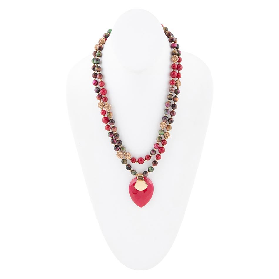 Multicolor Tiger's Eye and Rasberry Quartz Pendant Golden Necklace - Barse Jewelry
