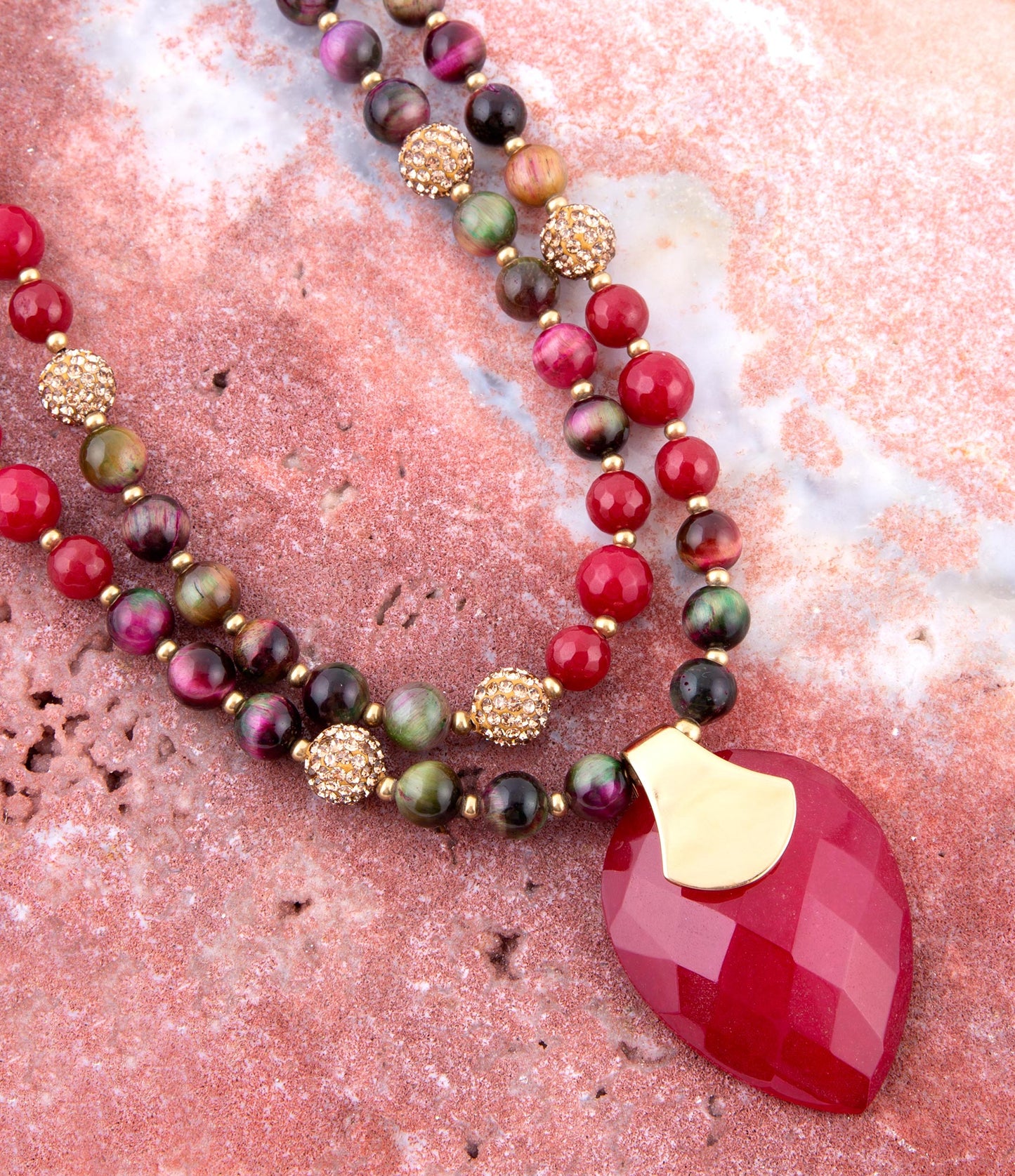 Multicolor Tiger's Eye and Rasberry Quartz Pendant Golden Necklace - Barse Jewelry