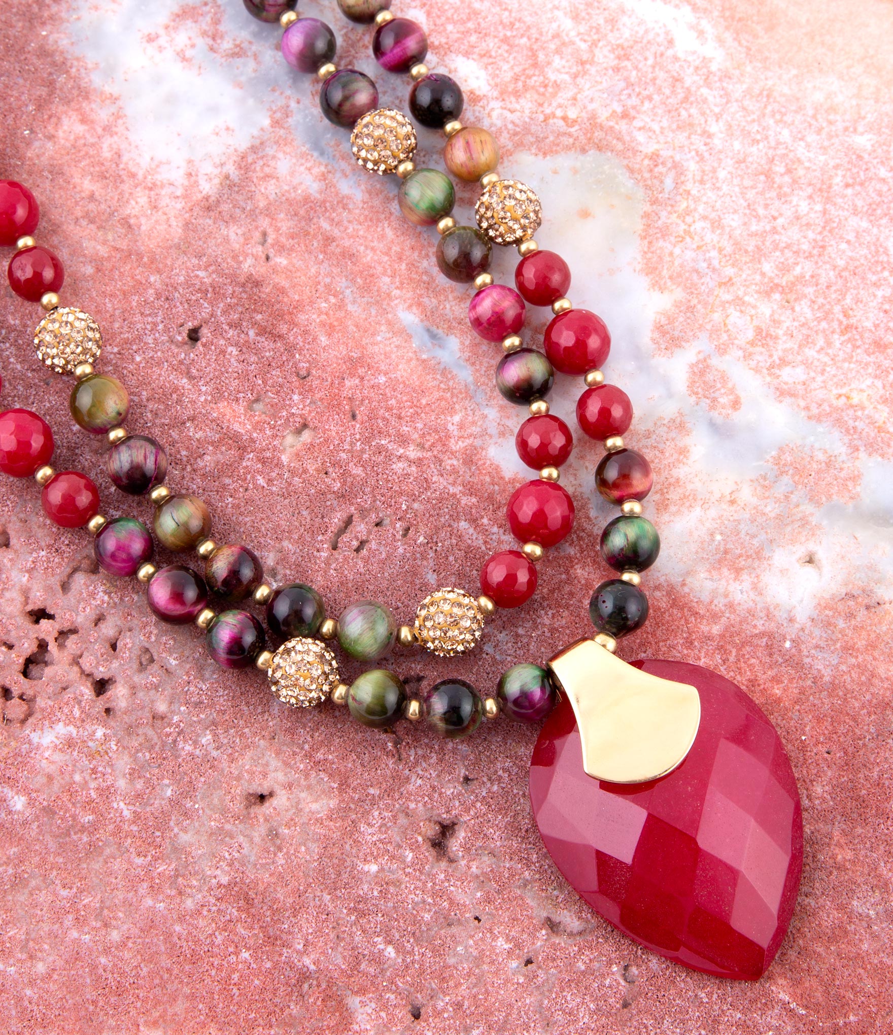Multicolor Tiger's Eye and Rasberry Quartz Pendant Golden Necklace - Barse Jewelry
