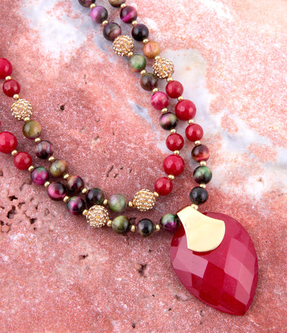 Multicolor Tiger's Eye and Rasberry Quartz Pendant Golden Necklace - Barse Jewelry