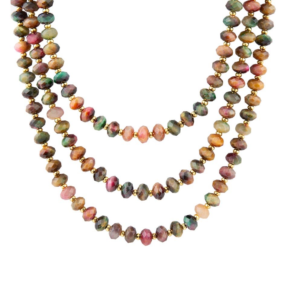 Multicolor Tiger's Eye Strand Golden Necklace - Barse Jewelry