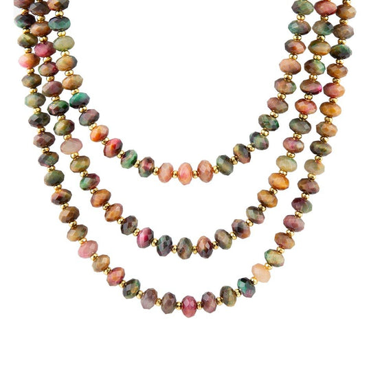 Jeweled Multi-Color Tiger's Eye Triple Strand Golden Necklace