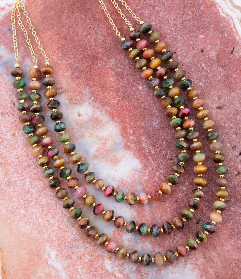 Multicolor Tiger's Eye Strand Golden Necklace - Barse Jewelry