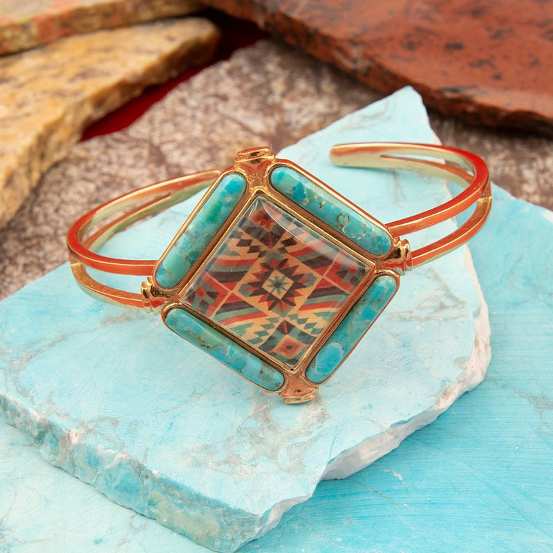 Native Weave Blue Turquoise Golden Cuff Bracelet - Barse Jewelry