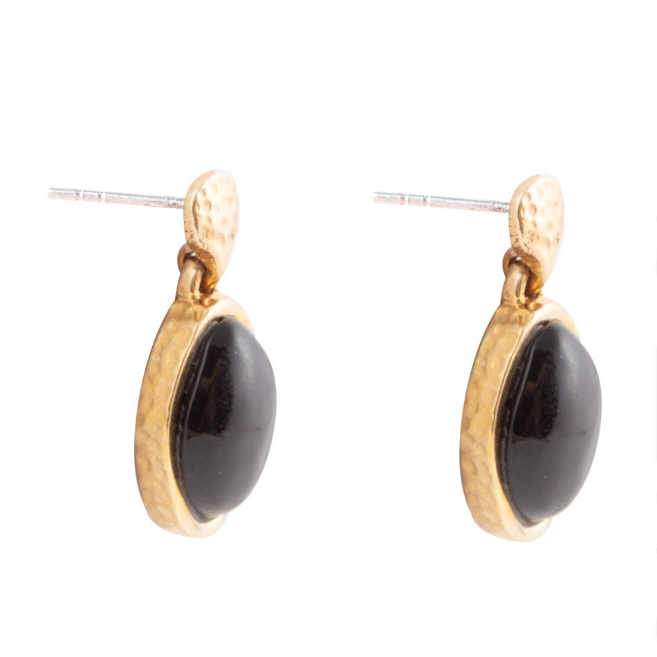 Onyx Hammered Post Drop Golden Earrings - Barse Jewelry