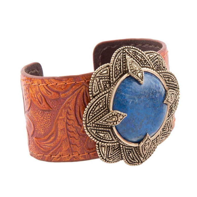 Ornate Floral Blue Lapis Golden Leather Cuff Bracelet - Barse Jewelry
