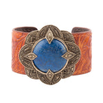 Ornate Floral Blue Lapis Golden Leather Cuff Bracelet - Barse Jewelry