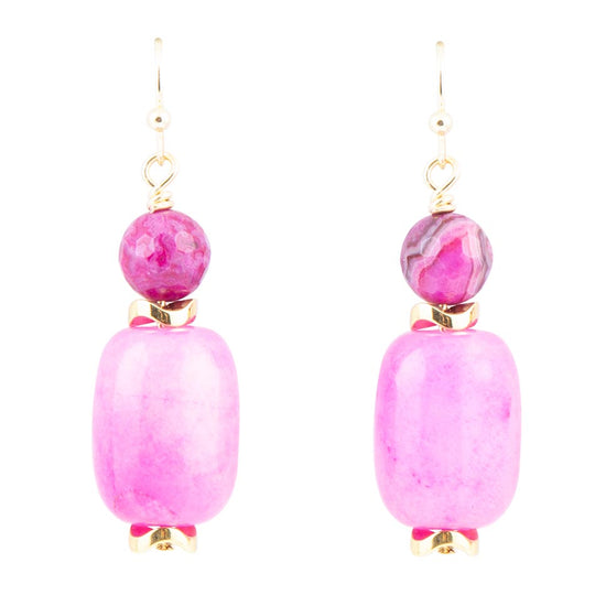 Peony Fuchsia Pink Agate Golden Drop Earrings