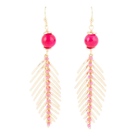 Peony Fuchsia Pink Jade Feather Drop Earrings
