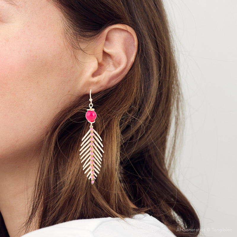 Peony Fuchsia Pink Jade Feather Drop Earrings - Barse Jewelry