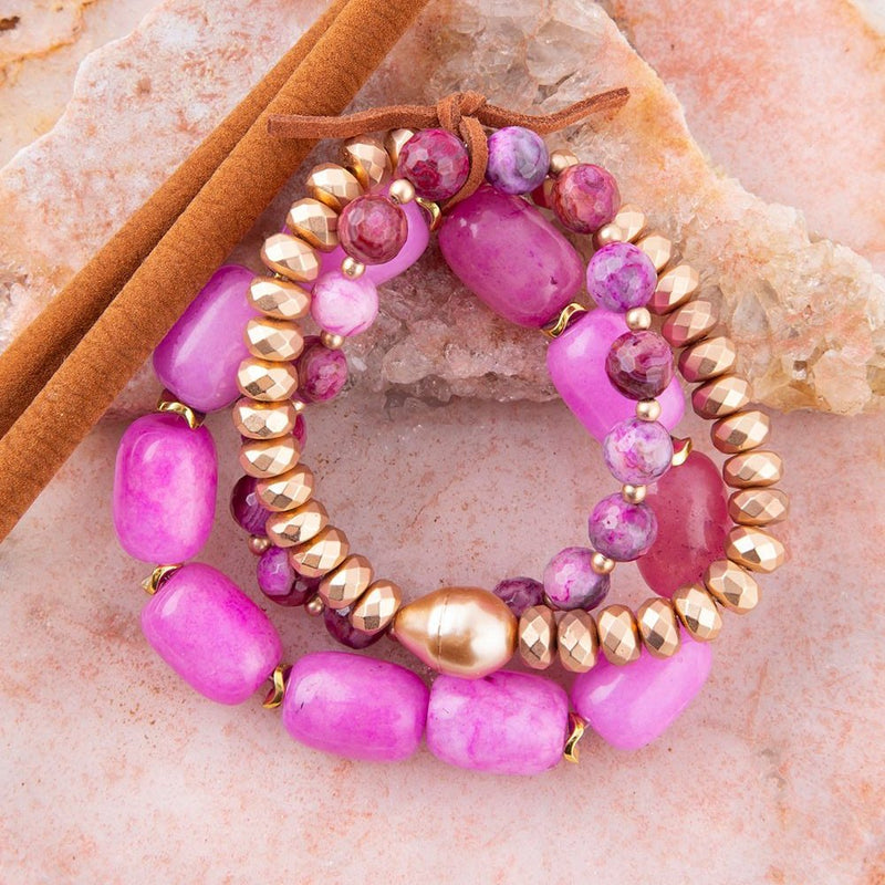 Peony Fuchsia Pink Jade Golden Bracelet Set - Barse Jewelry