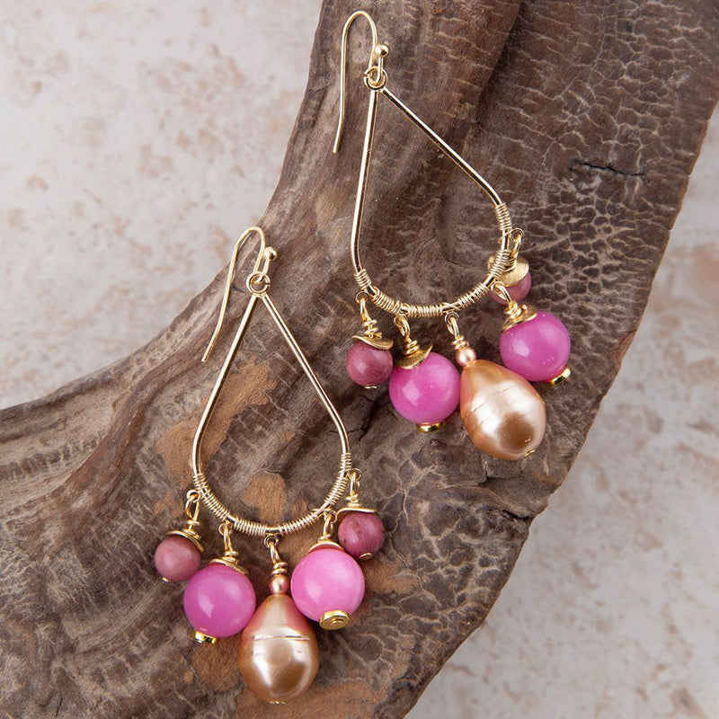 Peony Fuchsia Pink Jade Golden Drop Earrings - Barse Jewelry