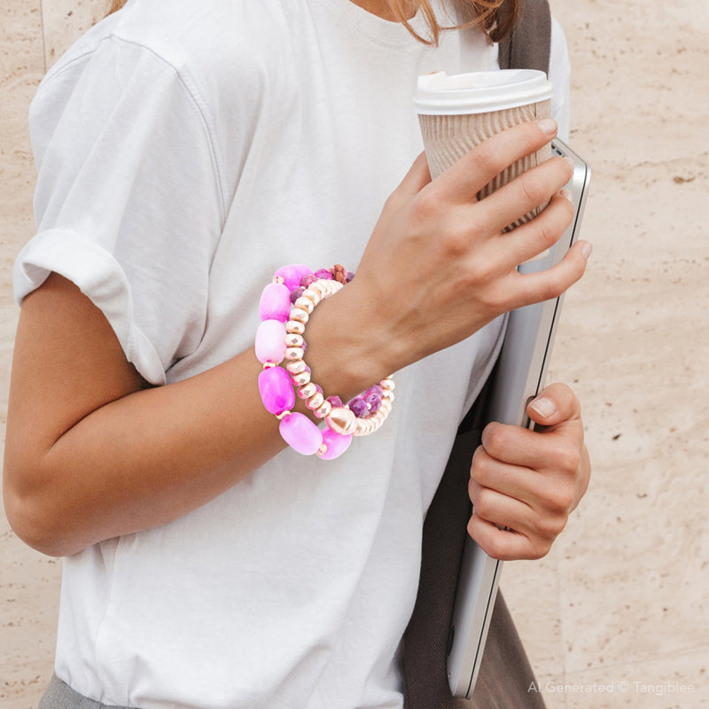 Peony Fuchsia Pink Jade Golden Stretch Bracelet Set - Barse Jewelry