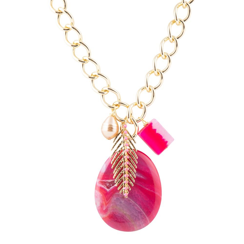 Peony Fuschsia Pink Agate Golden Charm Necklace - Barse Jewelry