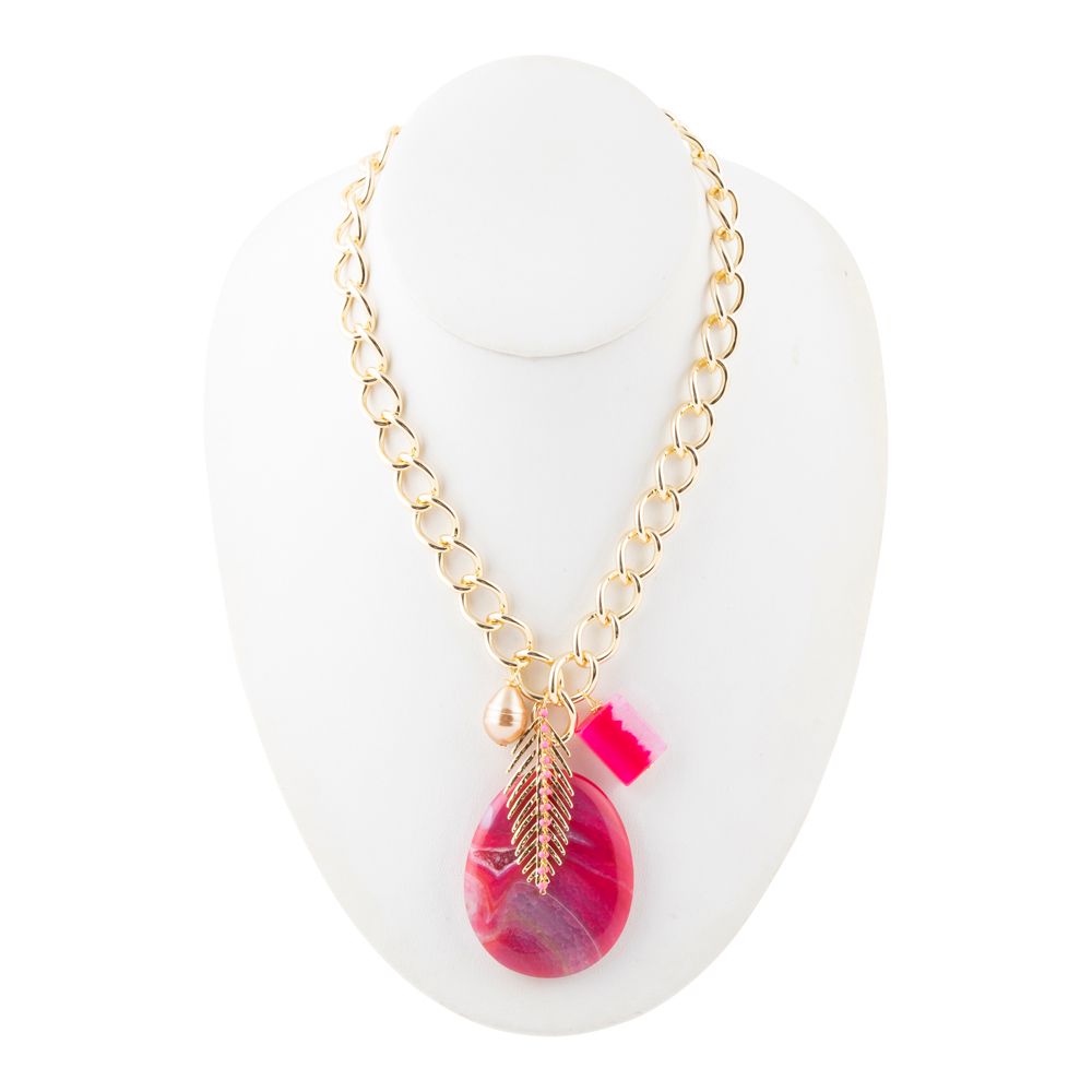 Peony Fuschsia Pink Agate Golden Charm Necklace - Barse Jewelry