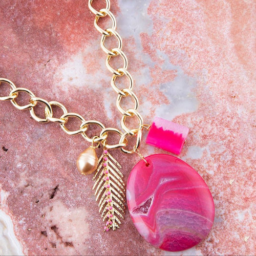 Peony Fuschsia Pink Agate Golden Charm Necklace - Barse Jewelry
