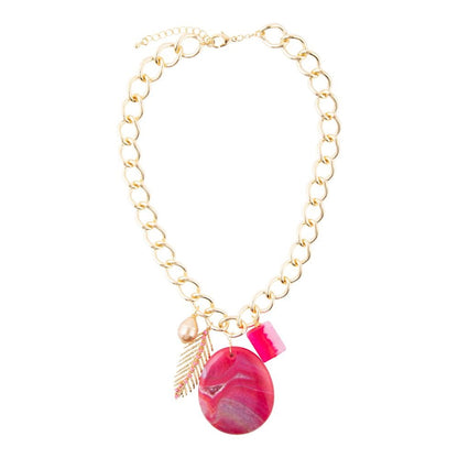 Peony Fuschsia Pink Agate Golden Charm Necklace - Barse Jewelry