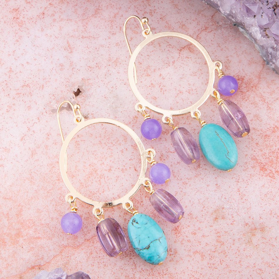 Periwinkle Amethyst and Blue Magnesite Golden Chandelier Earrings - Barse Jewelry