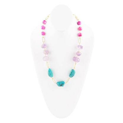Periwinkle Amethyst and Blue Turquoise Long Golden Necklace - Barse Jewelry
