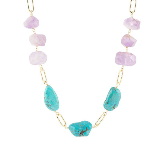 Purple Periwinkle Amethyst and Blue Turquoise Long Golden Necklace