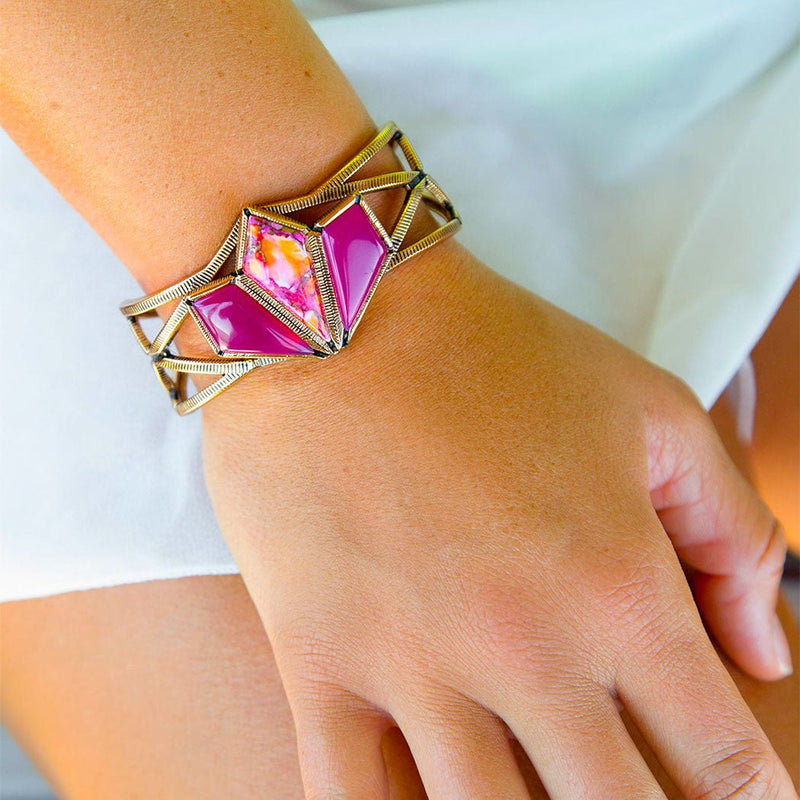 Pink Agate and Coral Matrix Golden Cuff Bracelet - Barse Jewelry