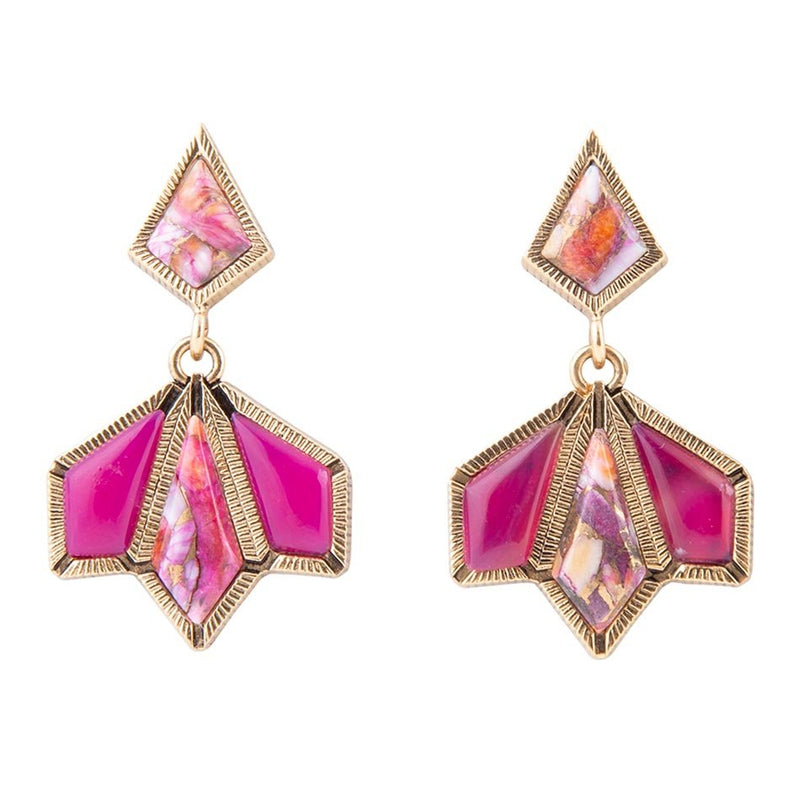 Pink Agate and Shell Matrix Golden Statement Earrings - Barse Jewelry