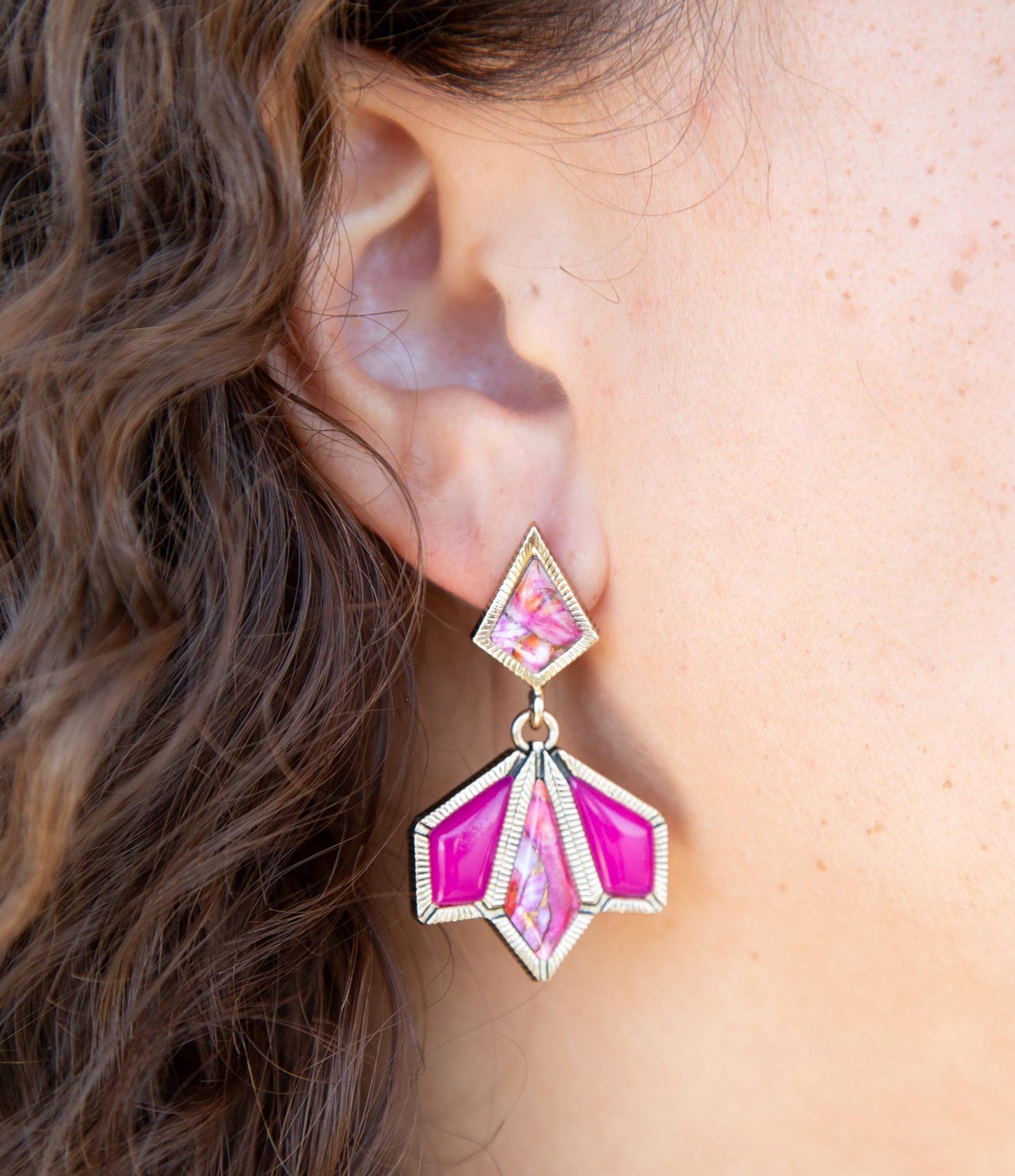 Pink Agate and Shell Matrix Golden Statement Earrings - Barse Jewelry